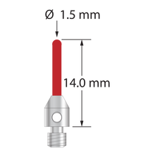M3 cylinder stylus with 1.5 mm diameter ruby cylinder and 4.0 mm diameter x 5.0 mm long stainless steel base. Overall stylus length is 14.0 mm. Stylus weight is 0.49 gram.