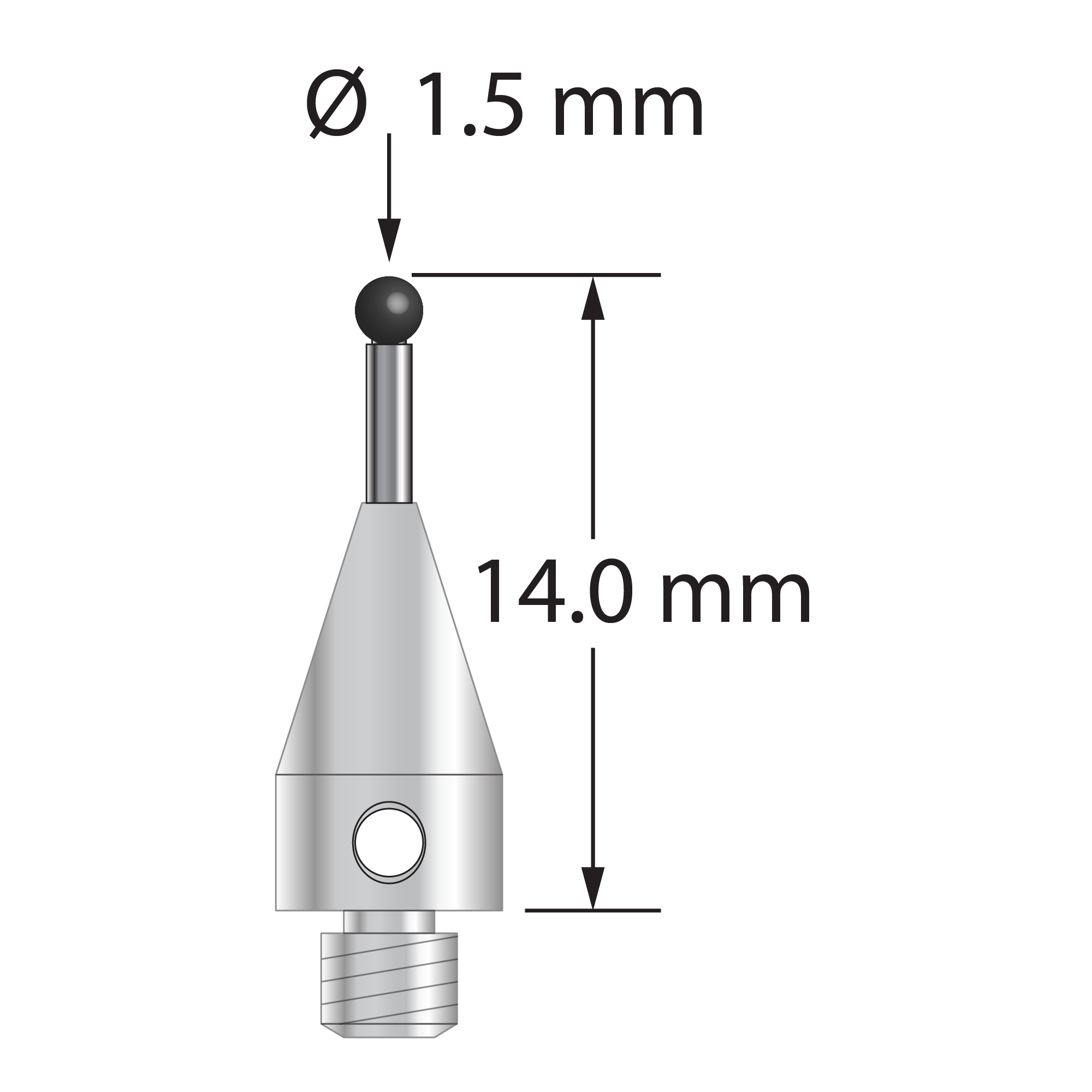 M3 XXT stylus with 1.5 mm diameter silicon nitride ball, 1.0 mm diameter carbide stem, and 5.0 mm diameter x 9.0 mm long titanium base. Overall stylus length is 14.0 mm. Stylus weight is 0.57 gram. Compare to Zeiss 626113-0152-014.