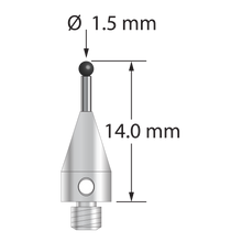 M3 XXT stylus with 1.5 mm diameter silicon nitride ball, 1.0 mm diameter carbide stem, and 5.0 mm diameter x 9.0 mm long titanium base. Overall stylus length is 14.0 mm. Stylus weight is 0.57 gram. Compare to Zeiss 626113-0152-014.