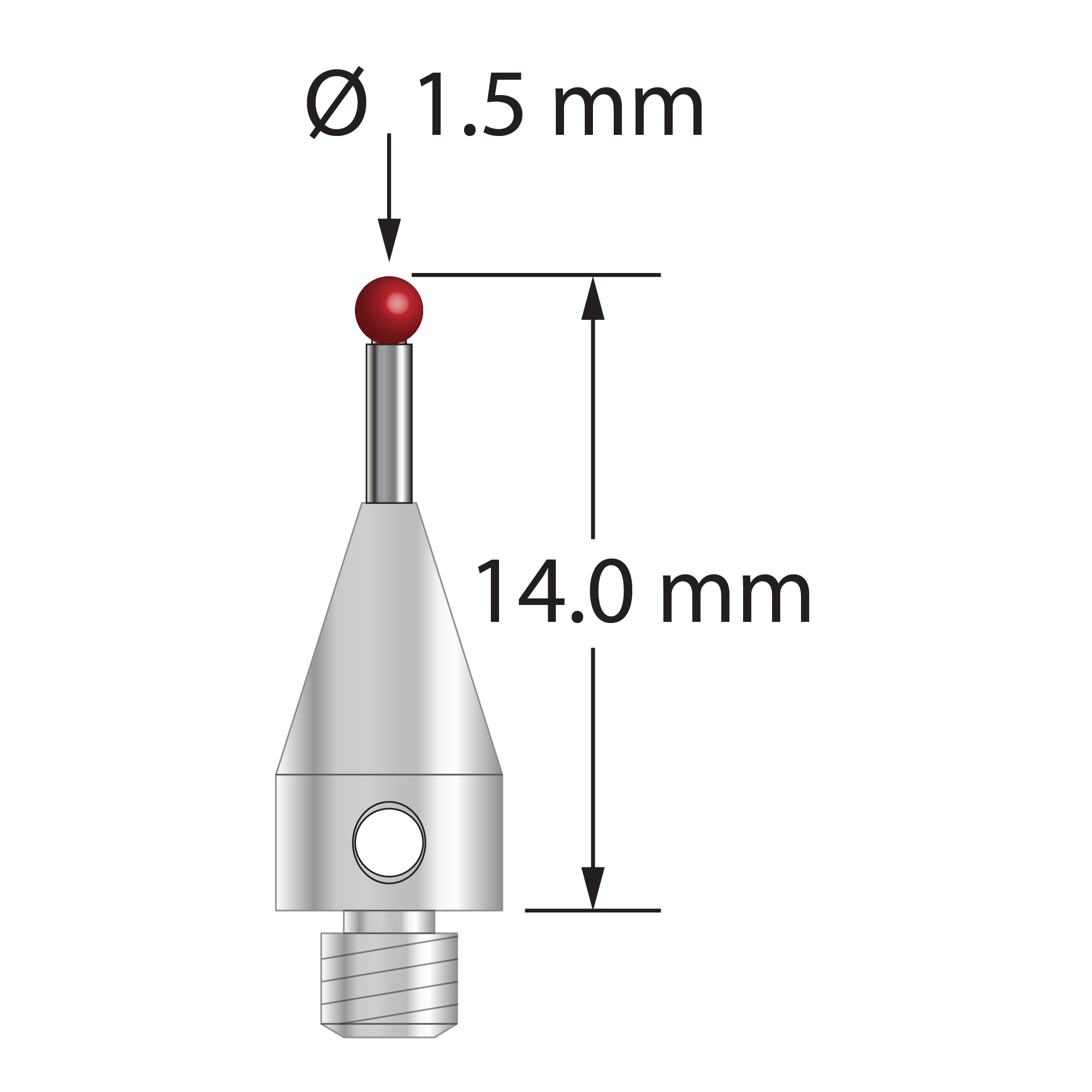 M3 XXT stylus with 1.5 mm diameter ruby ball, 1.0 mm diameter carbide stem, and 5.0 mm diameter x 9.0 mm long titanium base. Overall stylus length is 14.0 mm. Stylus weight is 0.57 gram. Compare to Zeiss 626113-0150-014.