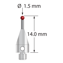 M3 XXT stylus with 1.5 mm diameter ruby ball, 1.0 mm diameter carbide stem, and 5.0 mm diameter x 9.0 mm long titanium base. Overall stylus length is 14.0 mm. Stylus weight is 0.57 gram. Compare to Zeiss 626113-0150-014.