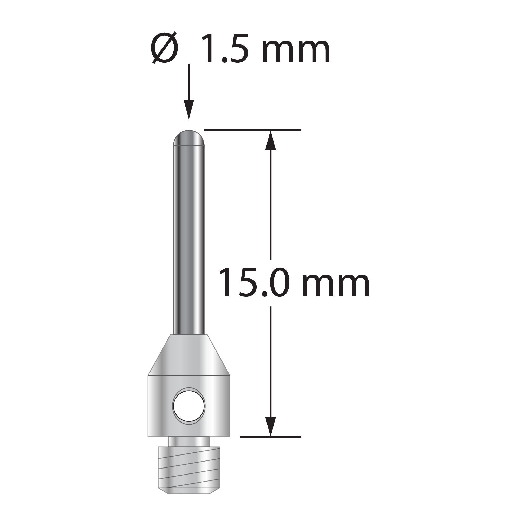 M3 cylinder stylus with 1.5 mm diameter carbide cylinder and 4.0 mm diameter x 5.0 mm long stainless steel base. Overall stylus length is 15.0 mm. Stylus weight is 0.83 gram.