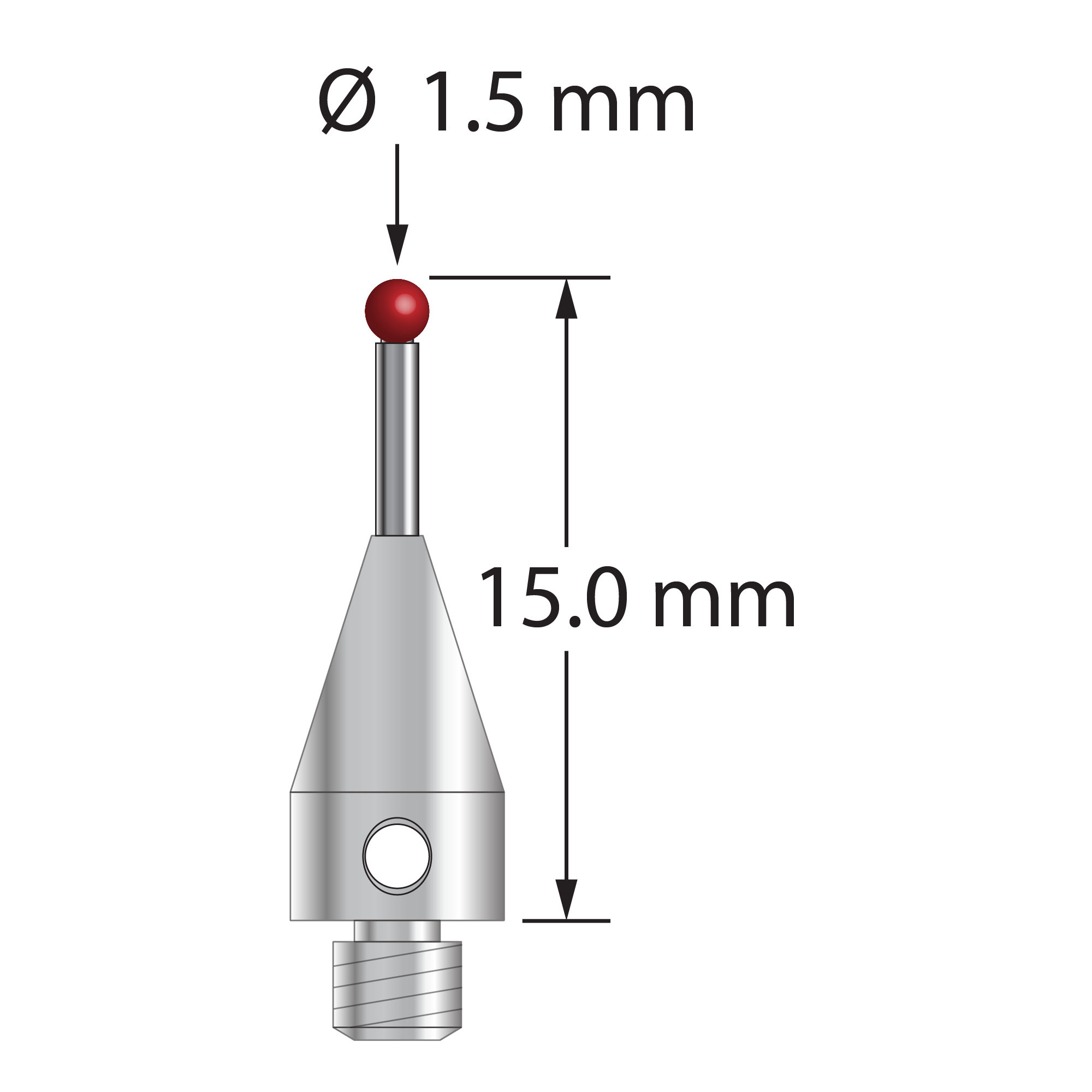 TM3-1515-TX M3 ruby ball stylus with carbide stem and titanium base, 15mm long.