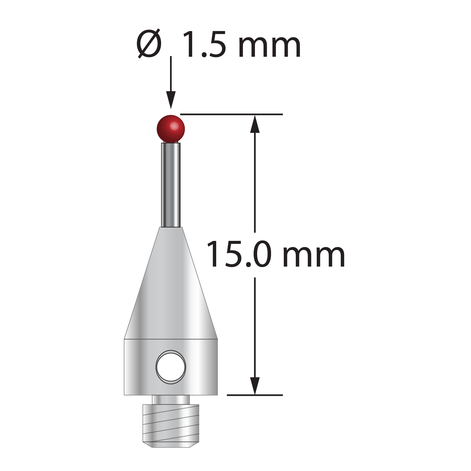 M3 XXT stylus with 1.5 mm diameter ruby ball, 1.0 mm diameter carbide stem, and 5.0 mm diameter x 9.0 mm long titanium base. Overall stylus length is 15.0 mm. Stylus weight is 0.58 gram. Compare to Zeiss 626103-0144-015.