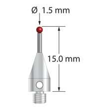 M3 XXT stylus with 1.5 mm diameter ruby ball, 1.0 mm diameter carbide stem, and 5.0 mm diameter x 9.0 mm long titanium base. Overall stylus length is 15.0 mm. Stylus weight is 0.58 gram. Compare to Zeiss 626103-0144-015.