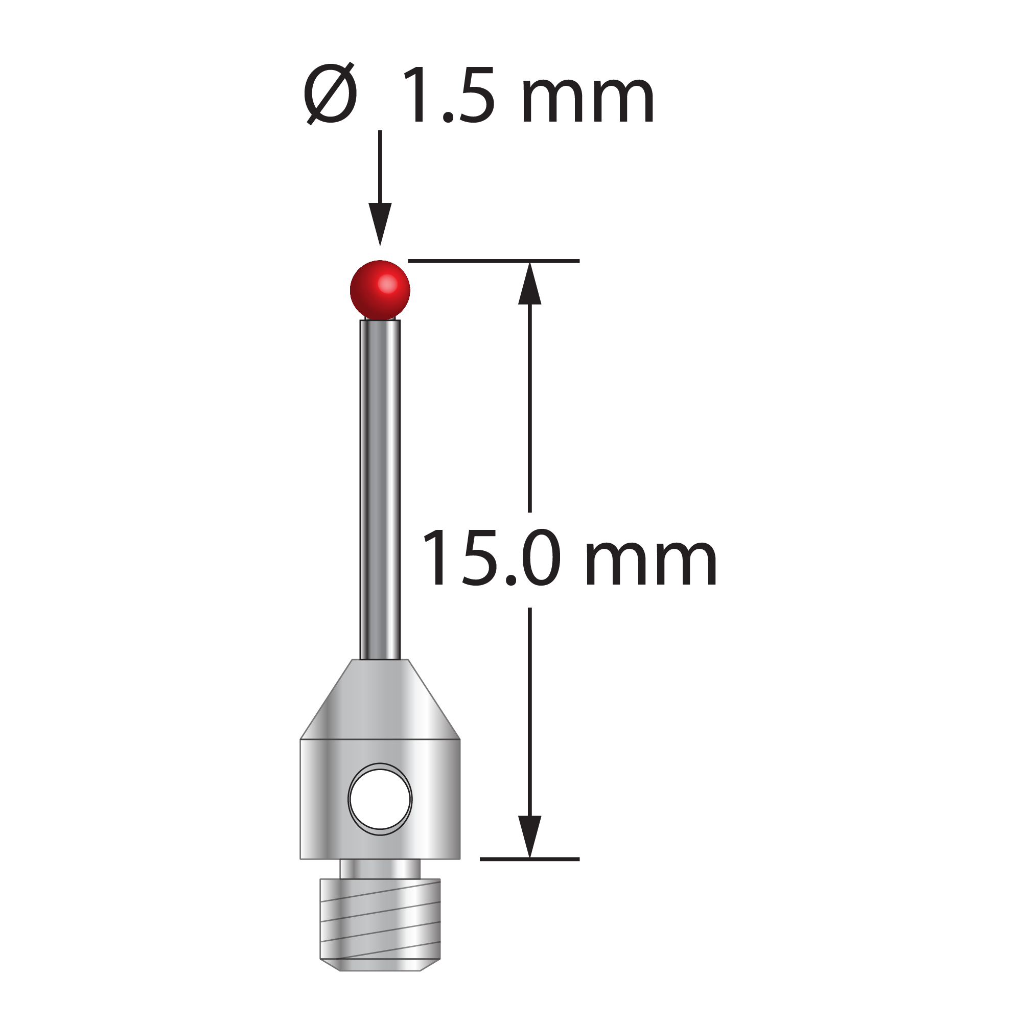 TM3-1515 M3 stylus with 1.5mm ruby ball, carbide stem, and stainless steel base, 15mm long by Q-Mark Manufacturing, Inc.