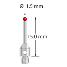 M3 stylus with 1.5 mm diameter ruby ball, 1.0 mm diameter carbide stem, and 4.0 mm diameter x 5.0 mm long stainless steel base. Overall stylus length is 15.0 mm. Stylus weight is 0.57 gram.