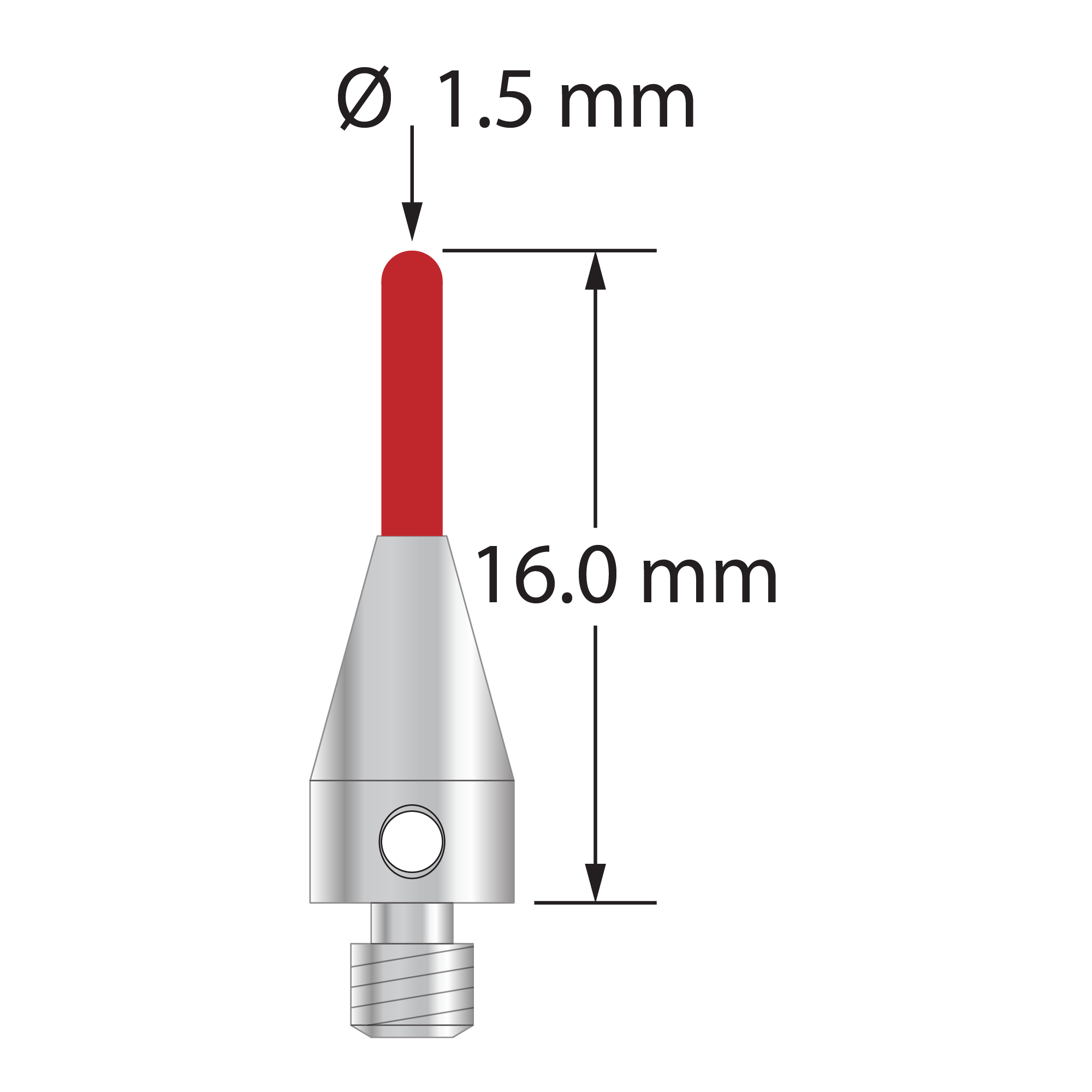 M3 XXT stylus with 1.5 mm diameter ruby cylinder and 5.0 mm diameter x 9.0 mm long titanium base. Overall stylus length is 16.0 mm. Stylus weight is 0.58 gram. Compare to Zeiss 626113-0151-016.