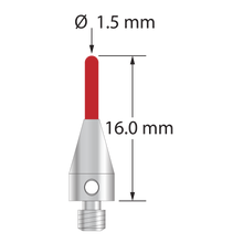 M3 XXT stylus with 1.5 mm diameter ruby cylinder and 5.0 mm diameter x 9.0 mm long titanium base. Overall stylus length is 16.0 mm. Stylus weight is 0.58 gram. Compare to Zeiss 626113-0151-016.