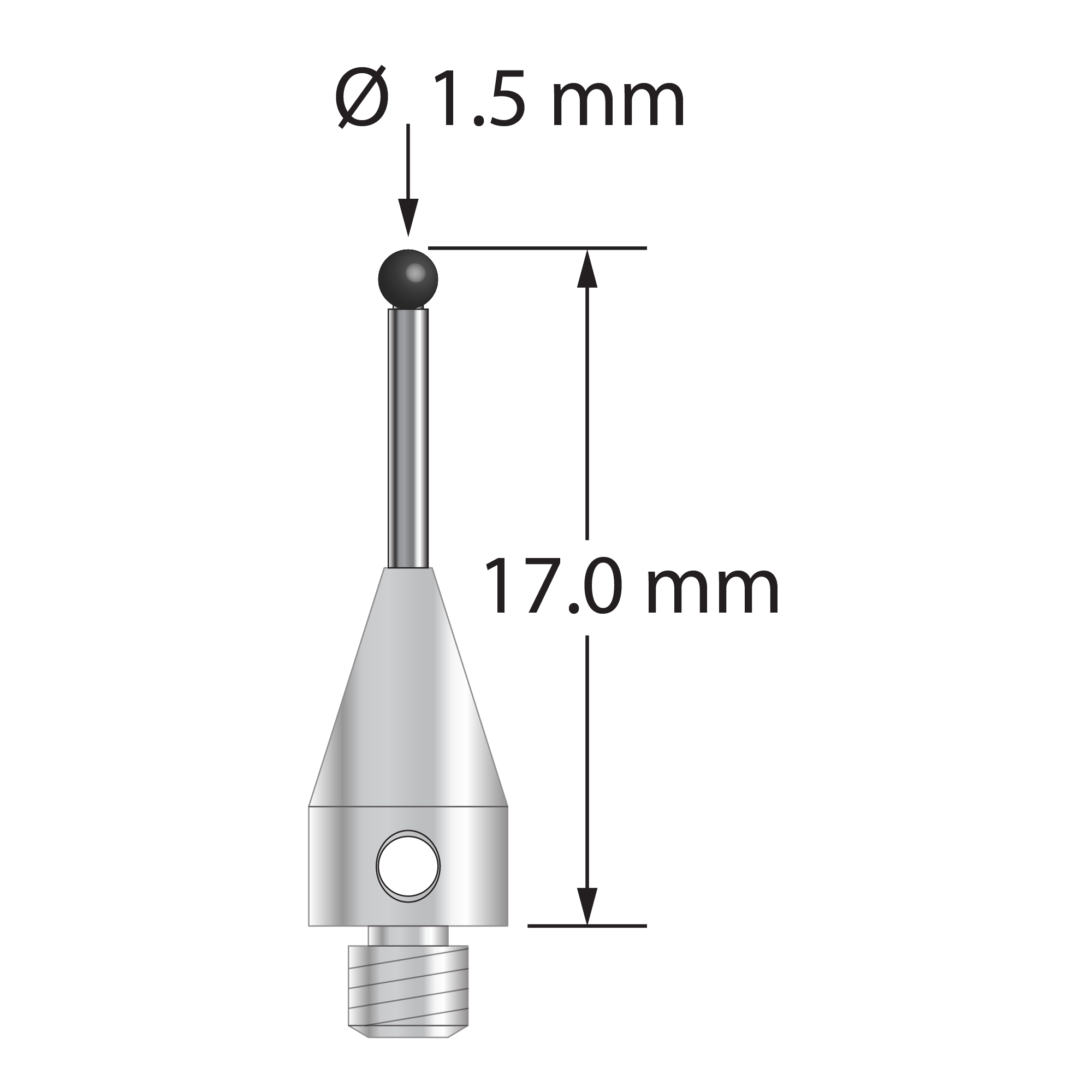 M3 XXT stylus with 1.5 mm diameter silicon nitride ball, 1.0 mm diameter carbide stem, and 5.0 mm diameter x 9.0 mm long titanium base. Overall stylus length is 17.0 mm. Stylus weight is 0.60 gram. Compare to Zeiss 626113-0152-020.