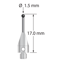 M3 XXT stylus with 1.5 mm diameter silicon nitride ball, 1.0 mm diameter carbide stem, and 5.0 mm diameter x 9.0 mm long titanium base. Overall stylus length is 17.0 mm. Stylus weight is 0.60 gram. Compare to Zeiss 626113-0152-020.