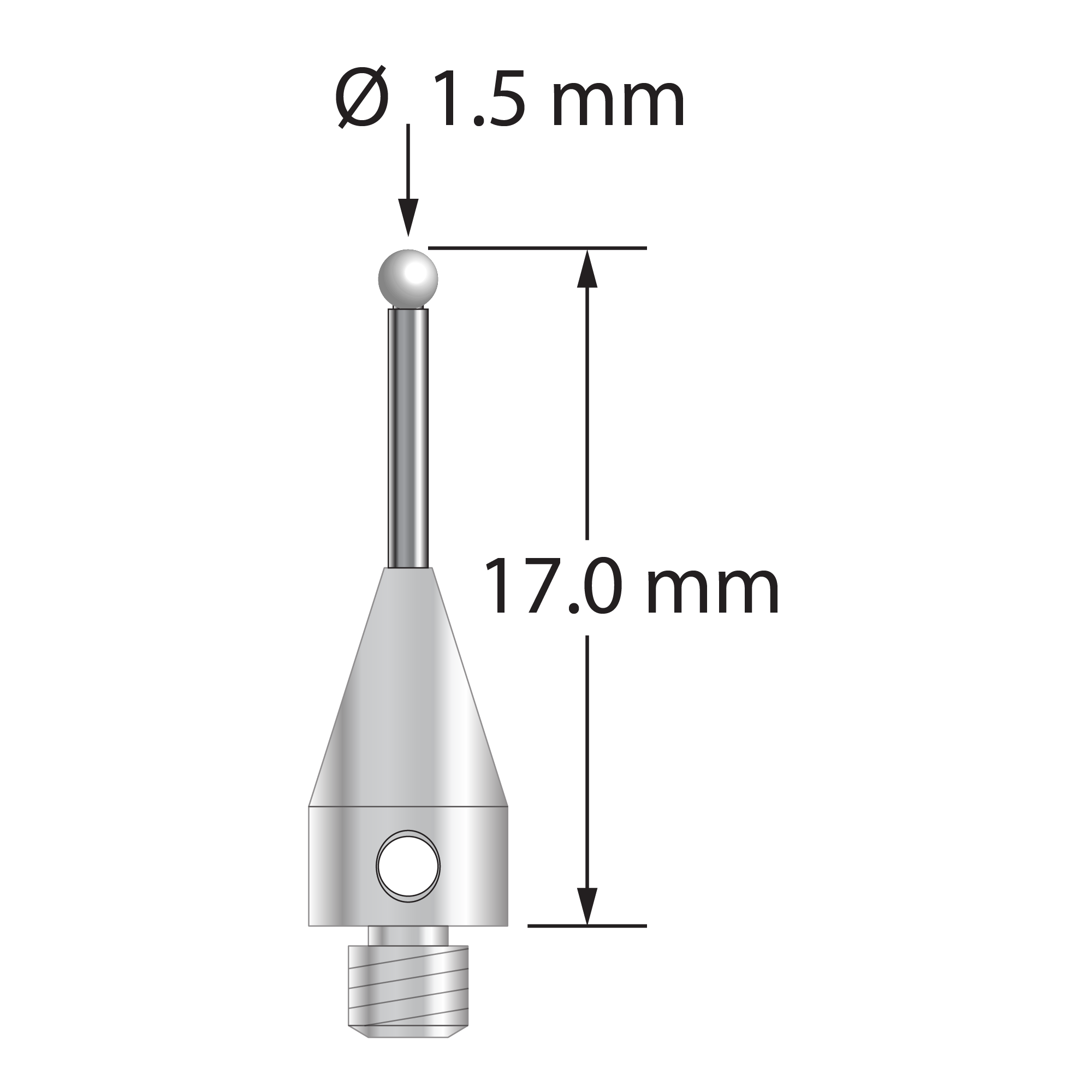 M3 XXT stylus with 1.5 mm diameter zirconia ball, 1.0 mm diameter carbide stem, and 5.0 mm diameter x 9.0 mm long titanium base. Overall stylus length is 17.0 mm. Stylus weight is 0.60 gram.