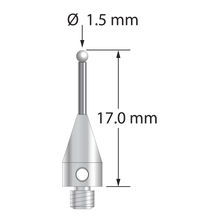 M3 XXT stylus with 1.5 mm diameter zirconia ball, 1.0 mm diameter carbide stem, and 5.0 mm diameter x 9.0 mm long titanium base. Overall stylus length is 17.0 mm. Stylus weight is 0.60 gram.