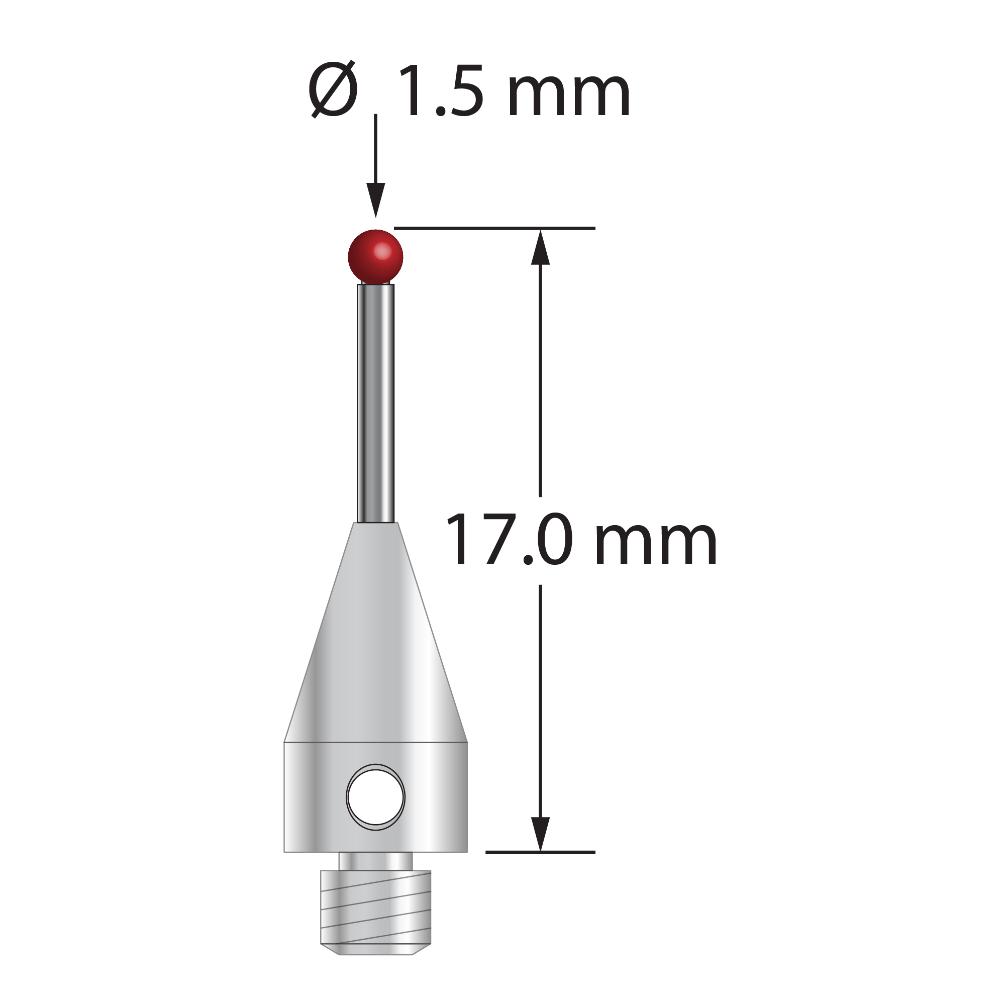 M3 XXT stylus with 1.5 mm diameter ruby ball, 1.0 mm diameter carbide stem, and 5.0 mm diameter x 9.0 mm long titanium base. Overall stylus length is 17.0 mm. Stylus weight is 0.60 gram. Compare to Zeiss 626113-0150-017.