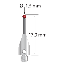 M3 XXT stylus with 1.5 mm diameter ruby ball, 1.0 mm diameter carbide stem, and 5.0 mm diameter x 9.0 mm long titanium base. Overall stylus length is 17.0 mm. Stylus weight is 0.60 gram. Compare to Zeiss 626113-0150-017.