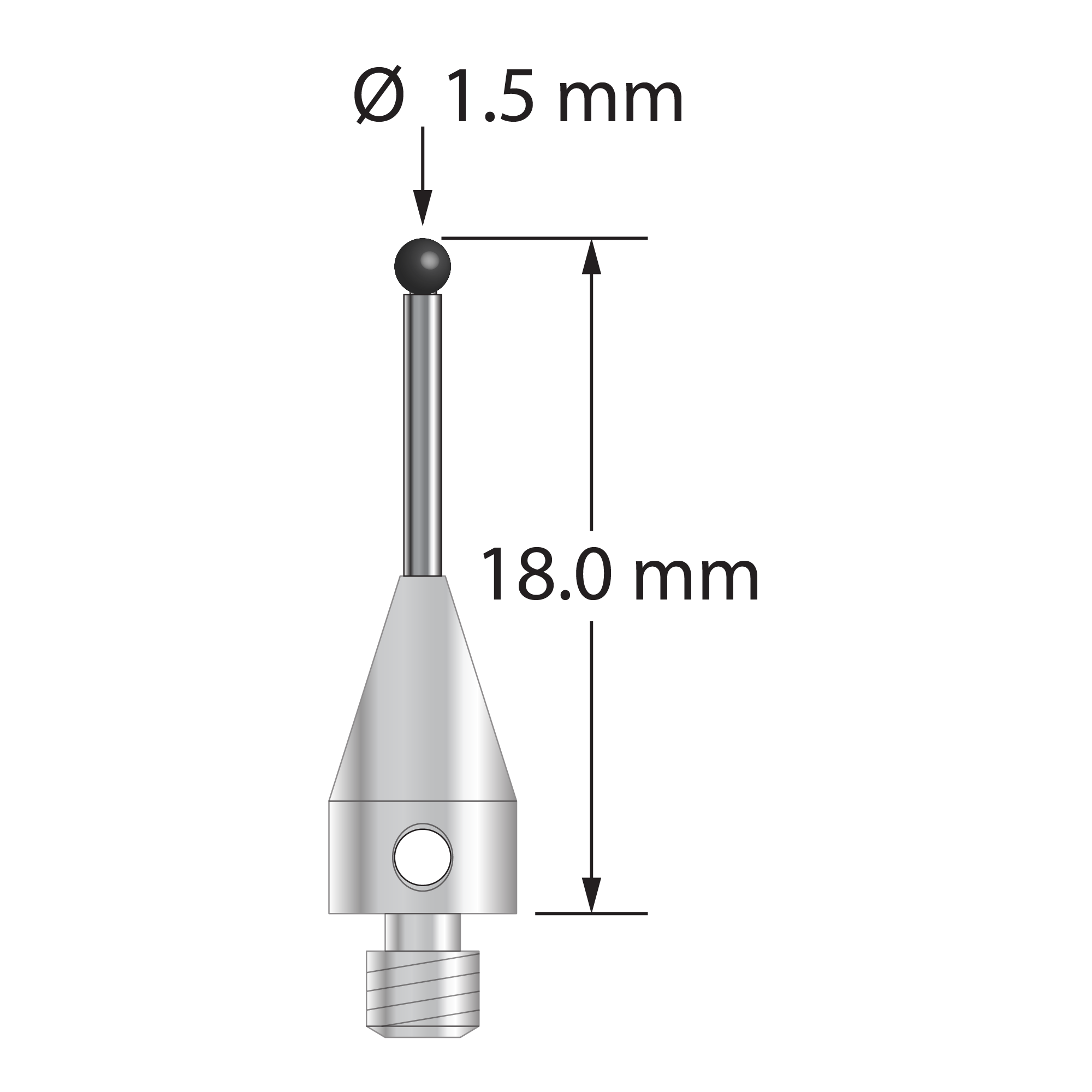 M3 XXT stylus with 1.5 mm diameter silicon nitride ball, 1.0 mm diameter carbide stem, and 5.0 mm diameter x 9.0 mm long titanium base. Overall stylus length is 18.0 mm. Stylus weight is 0.61 gram. Compare to Zeiss 626103-0145-018.