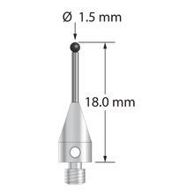 M3 XXT stylus with 1.5 mm diameter silicon nitride ball, 1.0 mm diameter carbide stem, and 5.0 mm diameter x 9.0 mm long titanium base. Overall stylus length is 18.0 mm. Stylus weight is 0.61 gram. Compare to Zeiss 626103-0145-018.