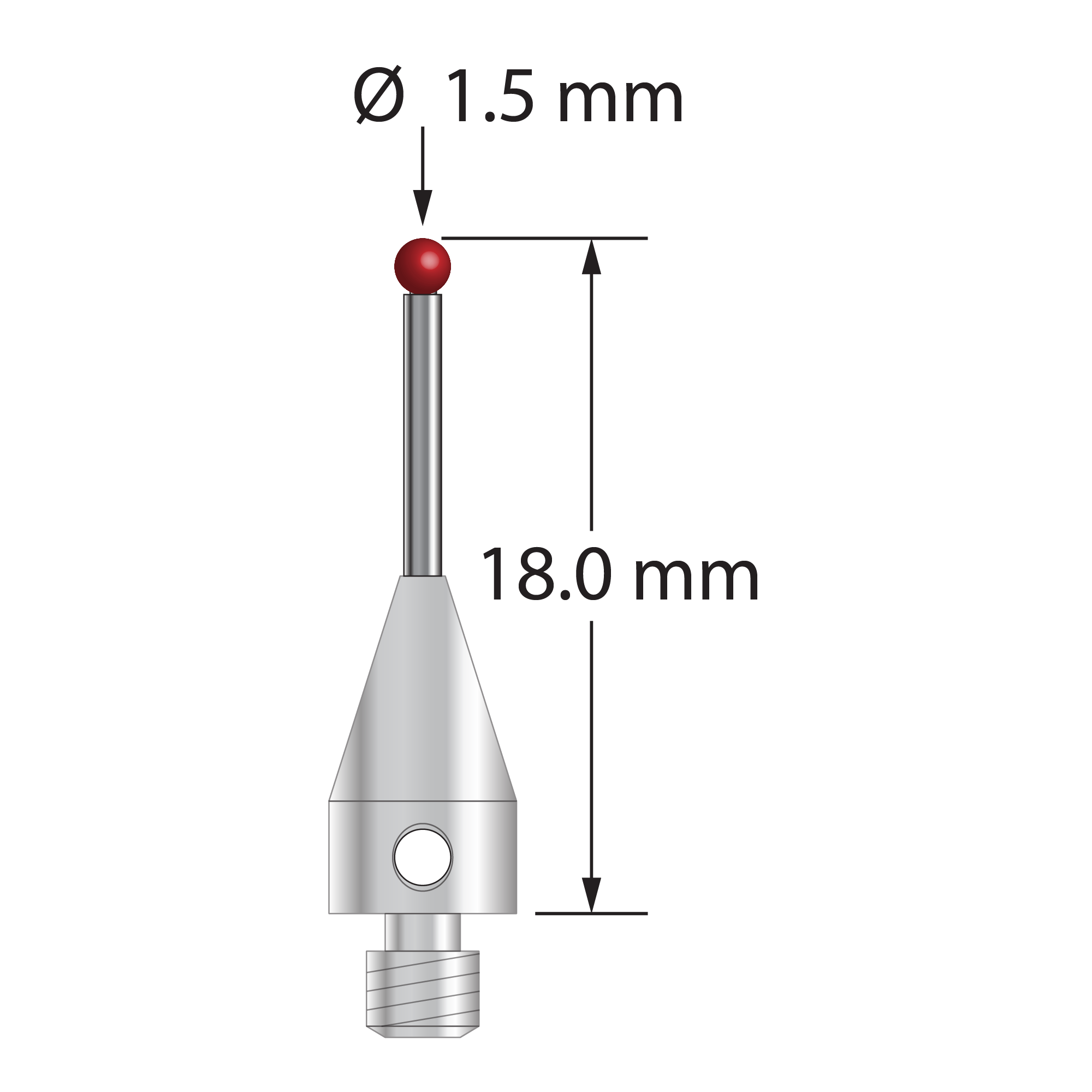 M3 XXT stylus with 1.5 mm diameter ruby ball, 1.0 mm diameter carbide stem, and 5.0 mm diameter x 9.0 mm long titanium base. Overall stylus length is 18.0 mm. Stylus weight is 0.61 gram. Compare to Zeiss 626103-0144-018.