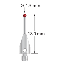 M3 XXT stylus with 1.5 mm diameter ruby ball, 1.0 mm diameter carbide stem, and 5.0 mm diameter x 9.0 mm long titanium base. Overall stylus length is 18.0 mm. Stylus weight is 0.61 gram. Compare to Zeiss 626103-0144-018.