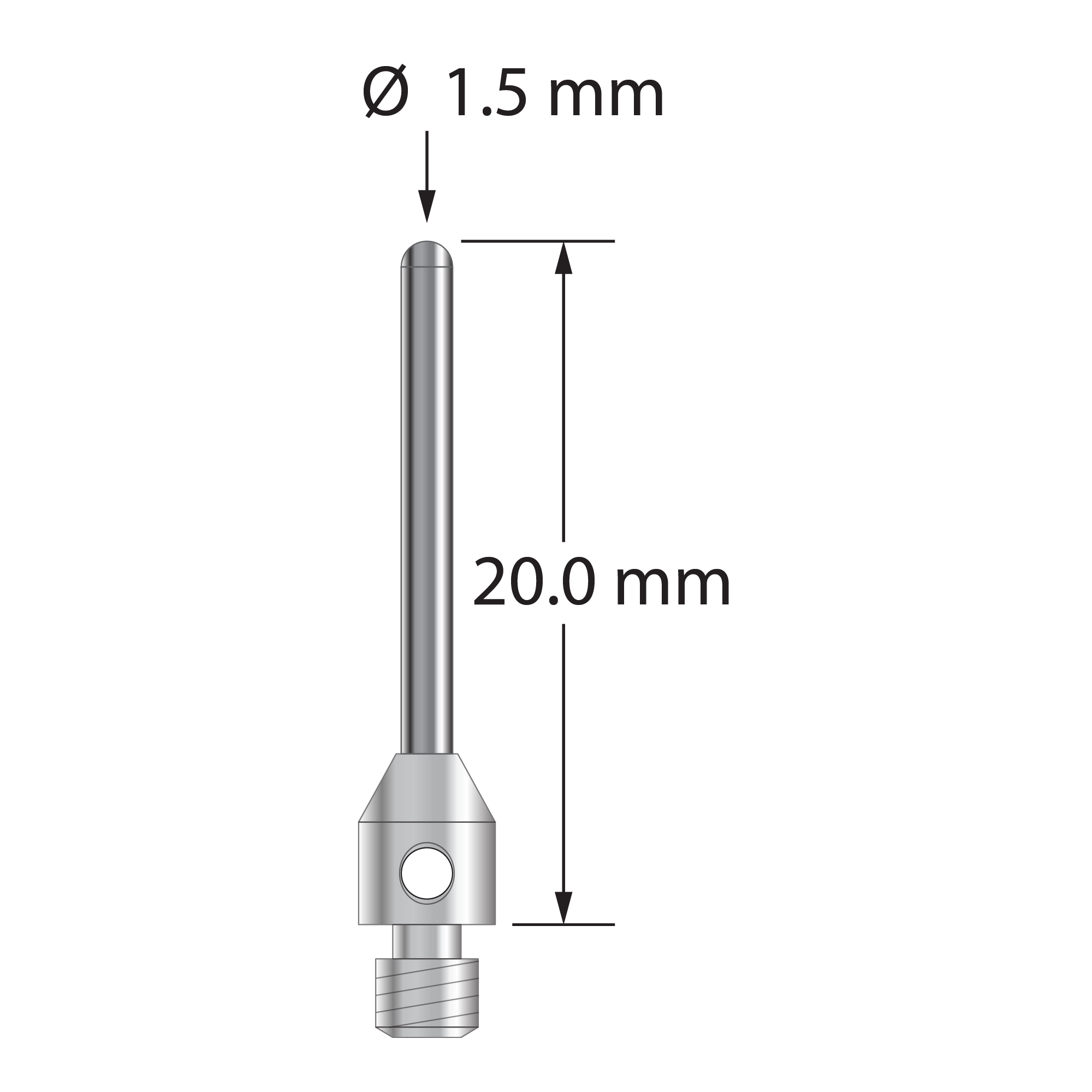 TM3-1520-BC M3 cylinder stylus with 1.5mm carbide cylinder and stainless steel base, 20mm long.