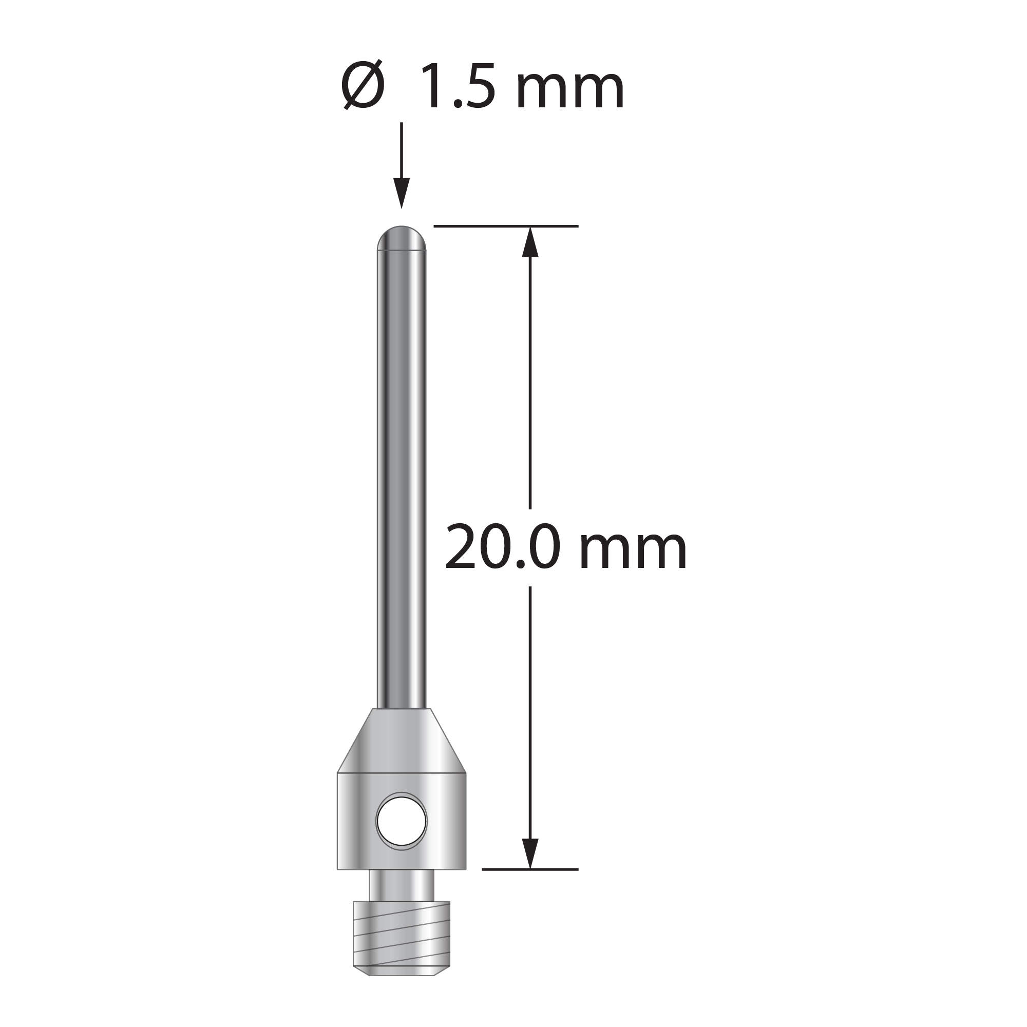 M3 cylinder stylus with 1.5 mm diameter carbide cylinder and 4.0 mm diameter x 5.0 mm long stainless steel base. Overall stylus length is 20.0 mm. Stylus weight is 0.95 gram.