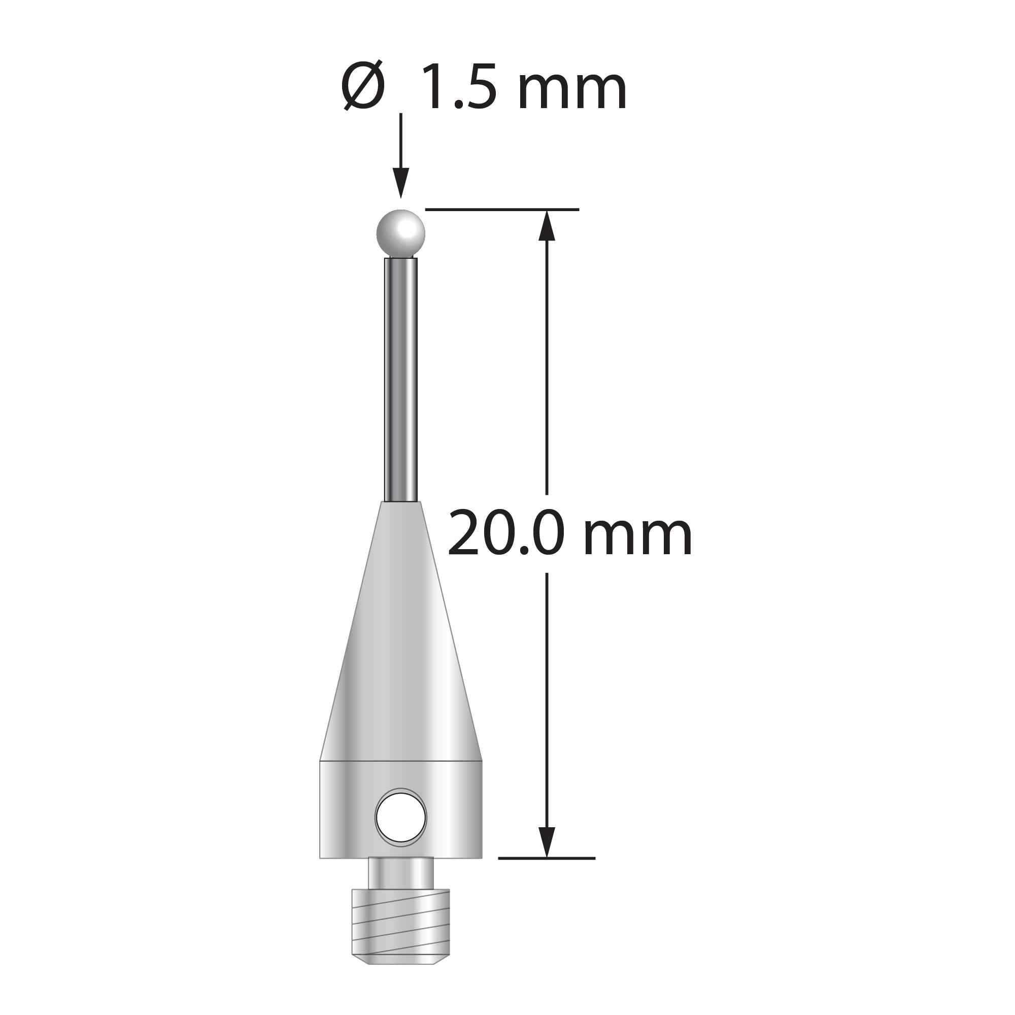M3 XXT stylus with 1.5 mm diameter zirconia ball, 1.0 mm diameter carbide stem, and 5.0 mm diameter x 9.0 mm long titanium base. Overall stylus length is 20.0 mm. Stylus weight is 0.63 gram.