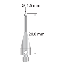 M3 XXT stylus with 1.5 mm diameter zirconia ball, 1.0 mm diameter carbide stem, and 5.0 mm diameter x 9.0 mm long titanium base. Overall stylus length is 20.0 mm. Stylus weight is 0.63 gram.