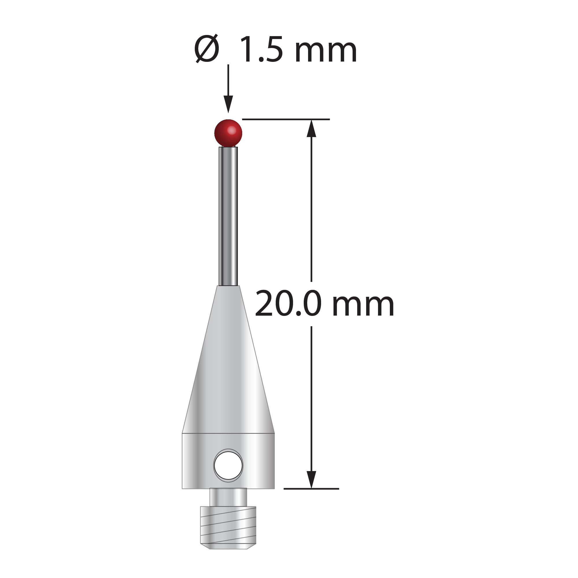 M3 XXT stylus with 1.5 mm diameter ruby ball, 1.0 mm diameter carbide stem, and 5.0 mm diameter x 9.0 mm long titanium base. Overall stylus length is 20.0 mm. Stylus weight is 0.63 gram. Compare to Zeiss 626113-0150-020.