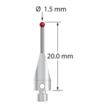 M3 XXT stylus with 1.5 mm diameter ruby ball, 1.0 mm diameter carbide stem, and 5.0 mm diameter x 9.0 mm long titanium base. Overall stylus length is 20.0 mm. Stylus weight is 0.63 gram. Compare to Zeiss 626113-0150-020.