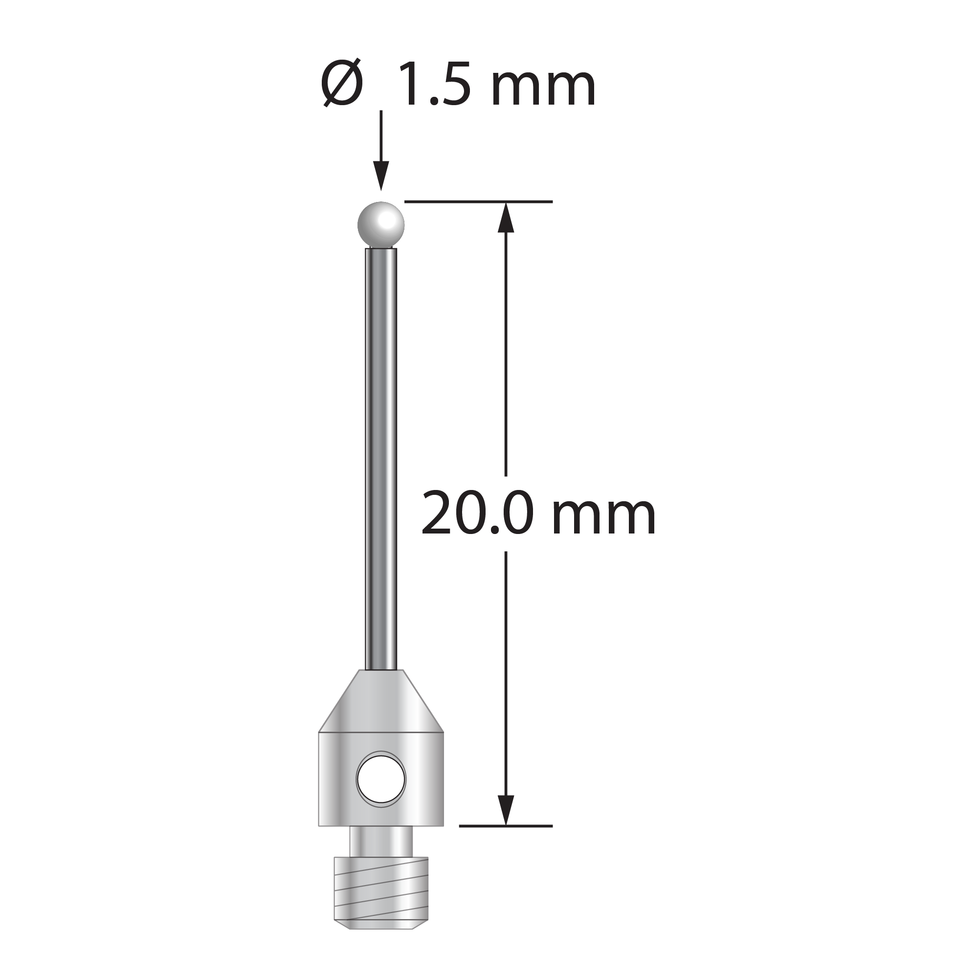 M3 stylus with 1.5 mm diameter zirconia ball, 1.0 mm diameter carbide stem, and 4.0 mm diameter x 5.0 mm long stainless steel base. Overall stylus length is 20.0 mm. Stylus weight is 0.90 gram.