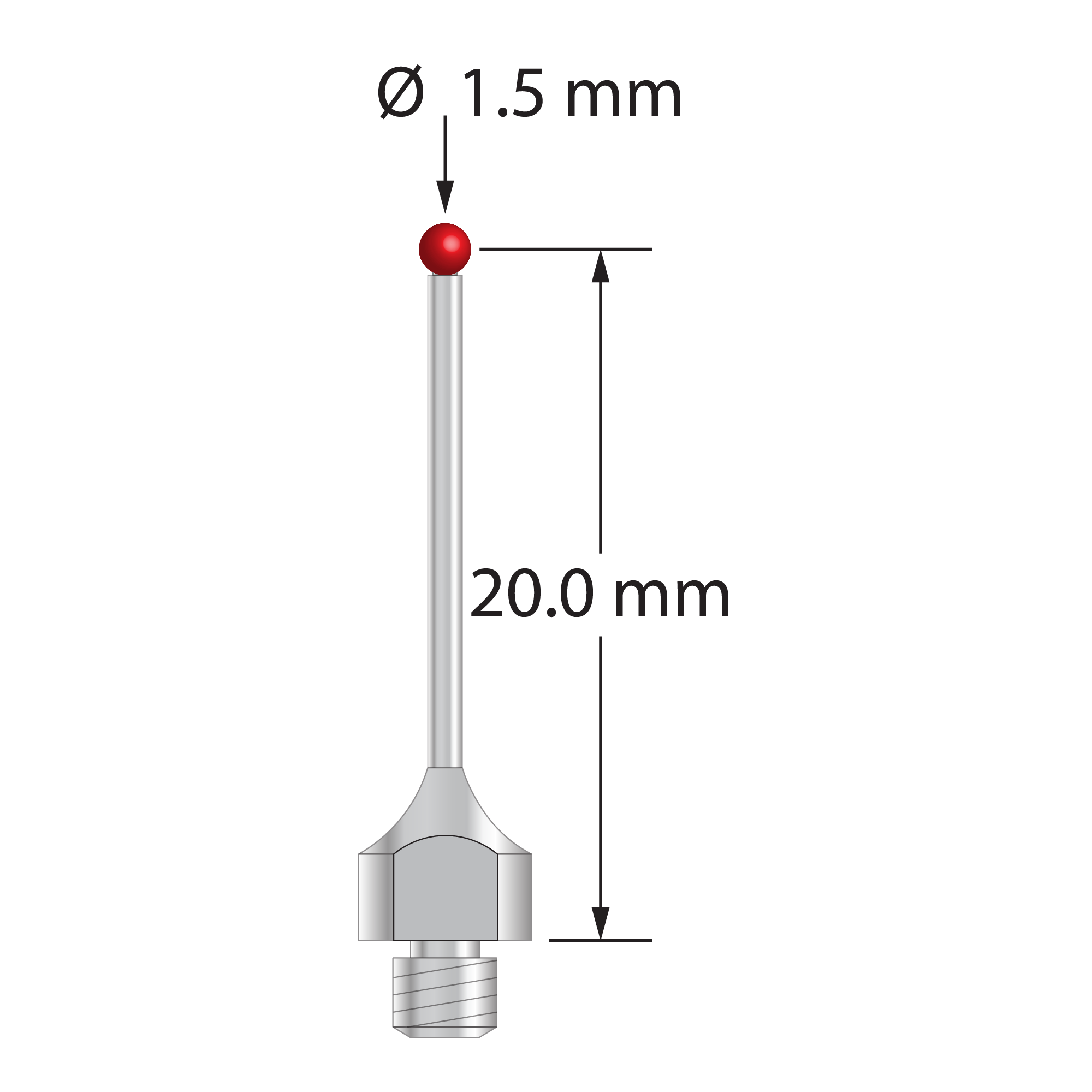 M3 Hexagon compatible stylus with 1.5 mm diameter ruby ball, 1.0 mm diameter stainless steel stem, and 5.0 mm diameter stainless steel base with 4.0 mm wrench flats for tightening. Stylus length to ball center is 20.0 mm. Compare to Hexagon M00-694-210-000.