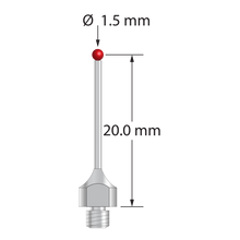 M3 Hexagon compatible stylus with 1.5 mm diameter ruby ball, 1.0 mm diameter stainless steel stem, and 5.0 mm diameter stainless steel base with 4.0 mm wrench flats for tightening. Stylus length to ball center is 20.0 mm. Compare to Hexagon M00-694-210-000.