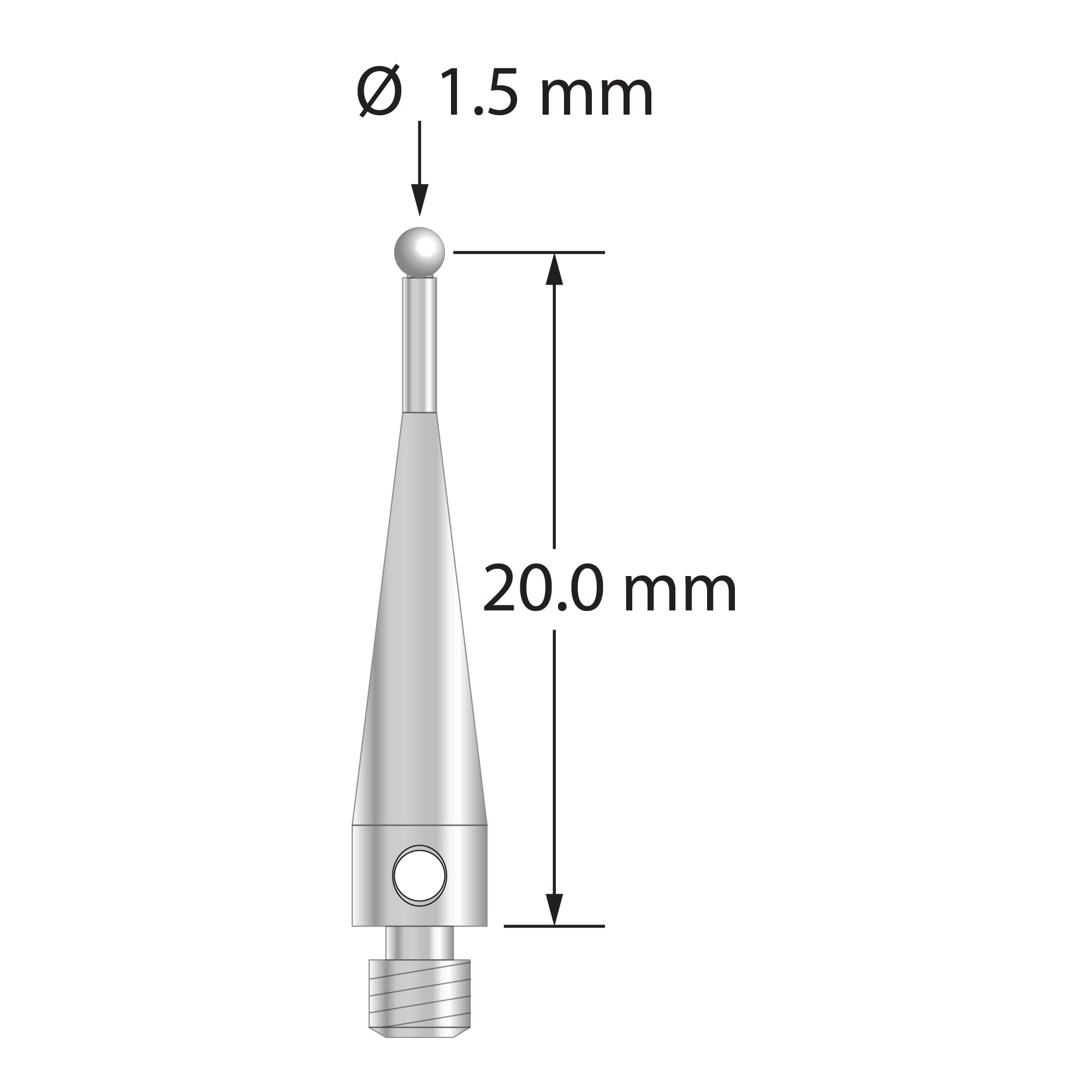 M3 stylus with 1.5 mm diameter zirconia ball, 3.0 mm diameter x 15.75 mm long stainless steel stem, and 1.0 mm diameter x 4.75 mm long stainless steel stem. Stylus length to ball center is 20.0 mm. Stylus weight is 0.85 gram.