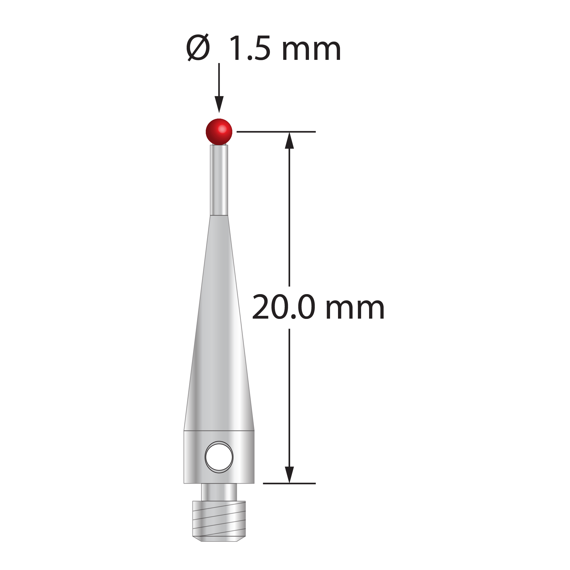 M3 stylus with 1.5 mm diameter ruby ball and stainless steel stem and base. Stylus length to ball center is 20.0 mm. Stylus weight is 0.85 gram. Compare to Carbide Probes 261-1.5R.