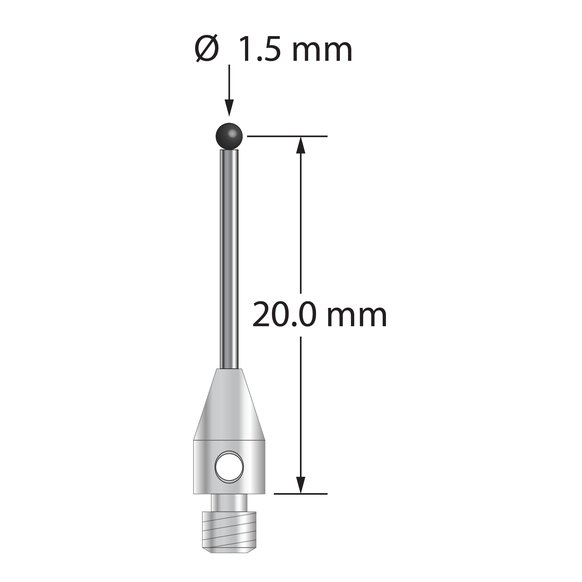 M3 stylus with 1.5 mm diameter silicon nitride ball, 1.0 mm diameter carbide stem, and 4.0 mm diameter x 7.0 mm long stainless steel base. Stylus length to ball center is 20.0 mm. Stylus weight is 0.77 gram. Compare to Renishaw A-5004-1198.