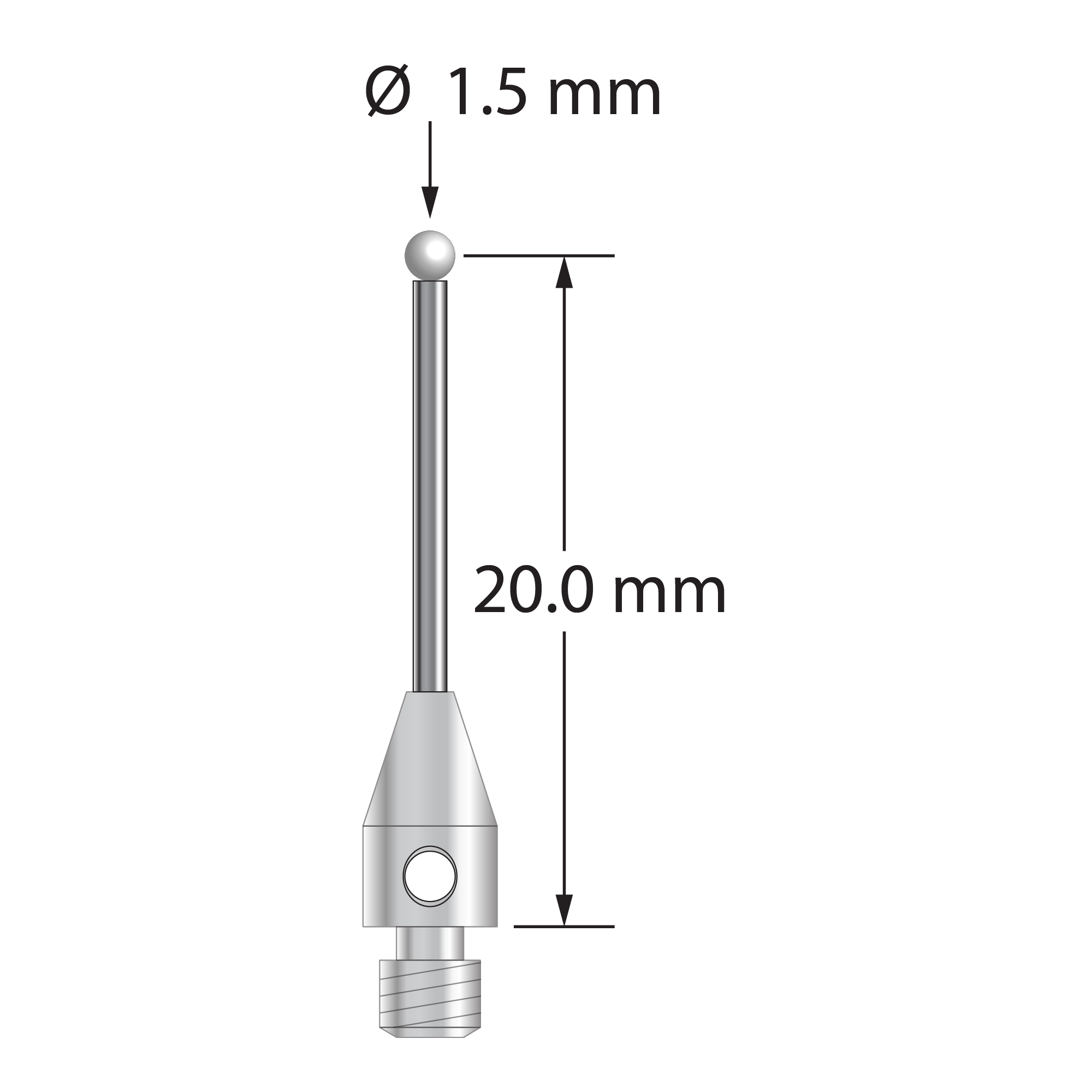 M3 stylus with 1.5 mm diameter zirconia ball, 1.0 mm diameter carbide stem, and 4.0 mm diameter x 7.0 mm long stainless steel base. Stylus length to ball center is 20.0 mm. Stylus weight is 0.77 gram.