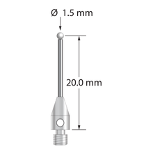 M3 stylus with 1.5 mm diameter zirconia ball, 1.0 mm diameter carbide stem, and 4.0 mm diameter x 7.0 mm long stainless steel base. Stylus length to ball center is 20.0 mm. Stylus weight is 0.77 gram.