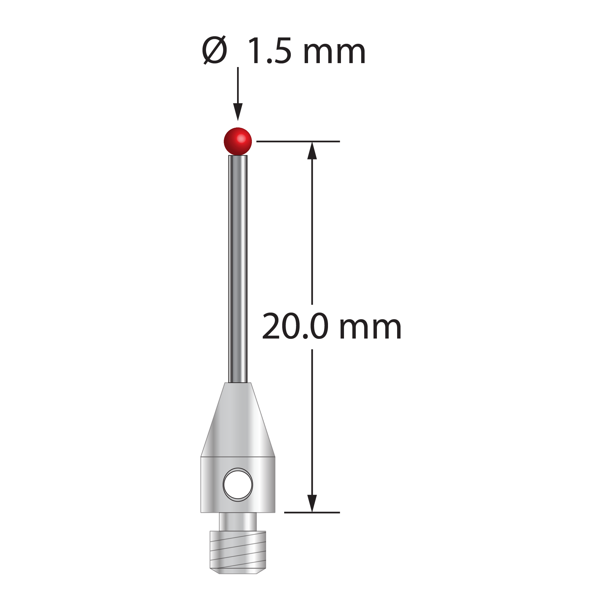 M3 stylus with 1.5 mm diameter ruby ball, 1.0 mm diameter carbide stem, and 4.0 mm diameter x 7.0 mm long stainless steel base. Stylus length to ball center is 20.0 mm. Stylus weight is 0.77 gram. Compare to Renishaw A-5003-0050 and Mitutoyo K651112.