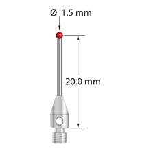 M3 stylus with 1.5 mm diameter ruby ball, 1.0 mm diameter carbide stem, and 4.0 mm diameter x 7.0 mm long stainless steel base. Stylus length to ball center is 20.0 mm. Stylus weight is 0.77 gram. Compare to Renishaw A-5003-0050 and Mitutoyo K651112.