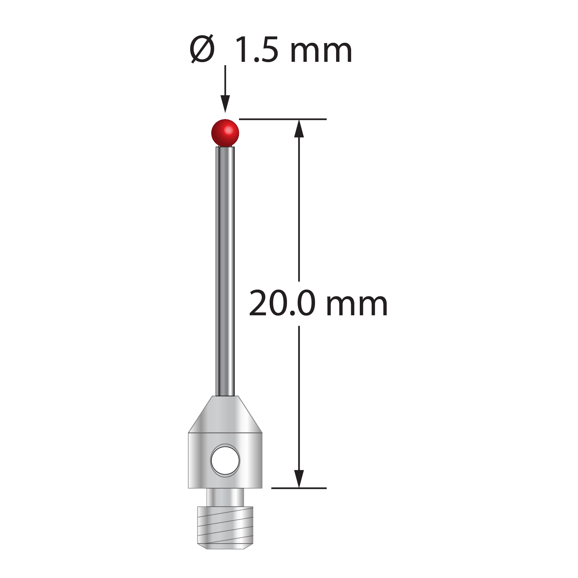 M3 stylus with 1.5 mm diameter ruby ball, 1.0 mm diameter carbide stem, and 4.0 mm diameter x 5.0 mm long stainless steel base. Overall stylus length is 20.0 mm. Stylus weight is 0.60 gram.