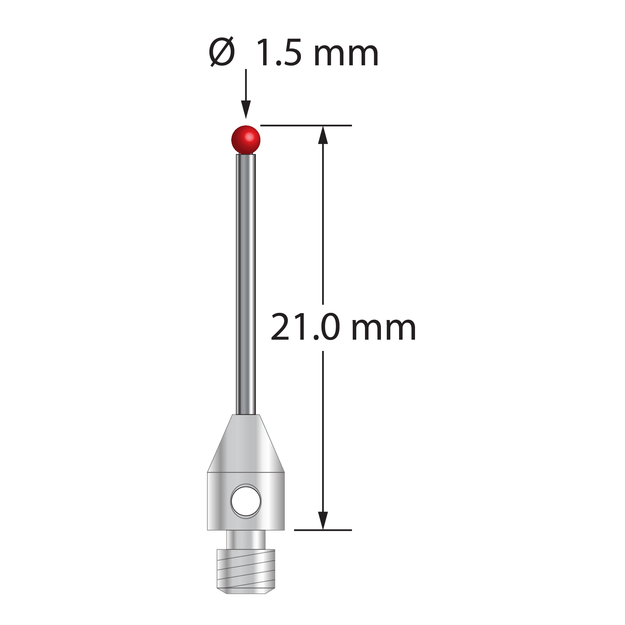 M3 stylus with 1.5 mm diameter ruby ball, 1.0 mm diameter carbide stem, and 4.0 mm diameter by 6.0mm long stainless steel base. Overall stylus length is 21.0 mm. Stylus weight is 0.63 gram. Compare to Zeiss 626123-0144-021.