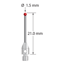 M3 stylus with 1.5 mm diameter ruby ball, 1.0 mm diameter carbide stem, and 4.0 mm diameter by 6.0mm long stainless steel base. Overall stylus length is 21.0 mm. Stylus weight is 0.63 gram. Compare to Zeiss 626123-0144-021.