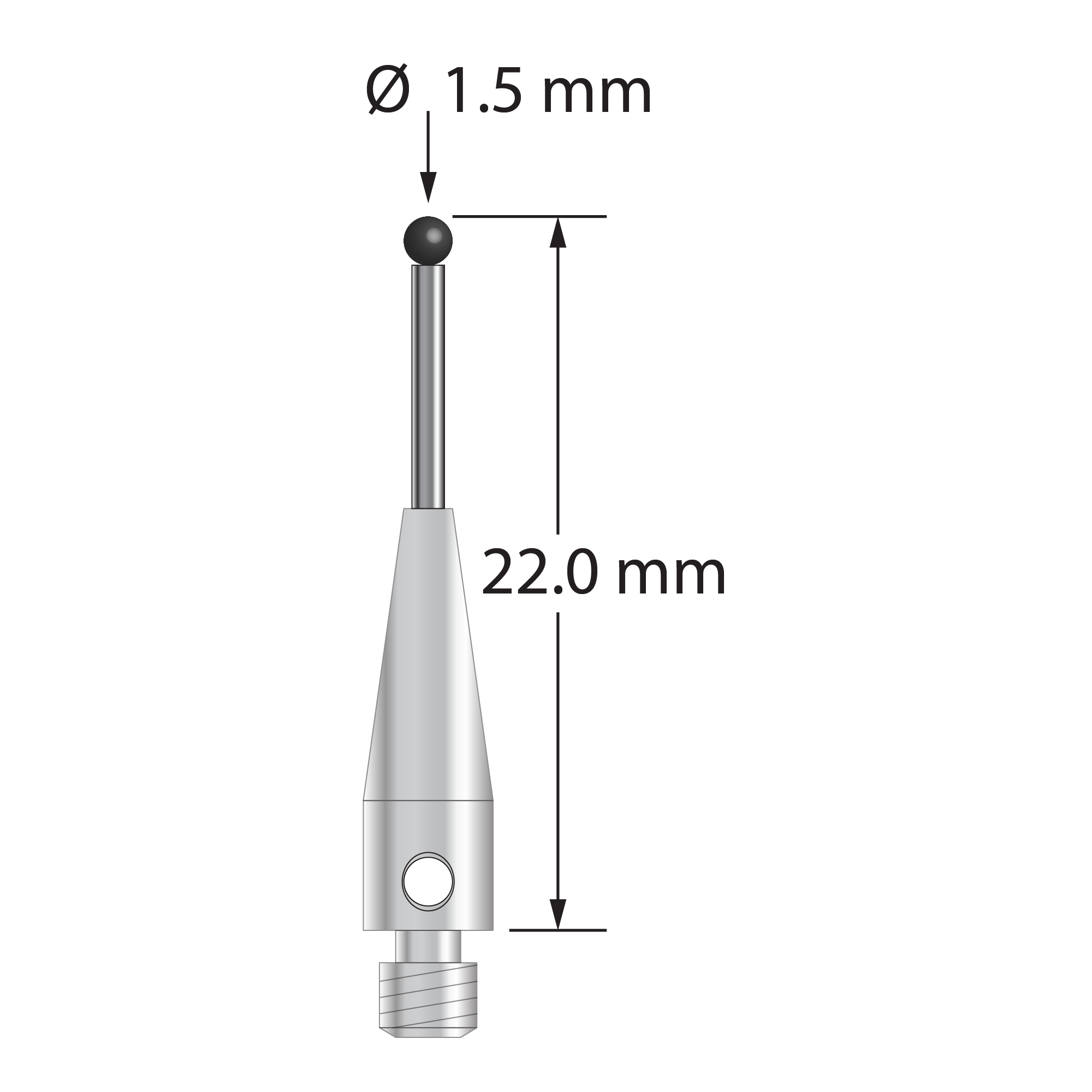 M3 stylus with 1.5 mm diameter silicon nitride ball, 1.0 mm diameter carbide stem, and 4.0 mm diameter x 13.0 mm long stainless steel base. Overall stylus length is 22.0 mm. Stylus weight is 0.57 gram.