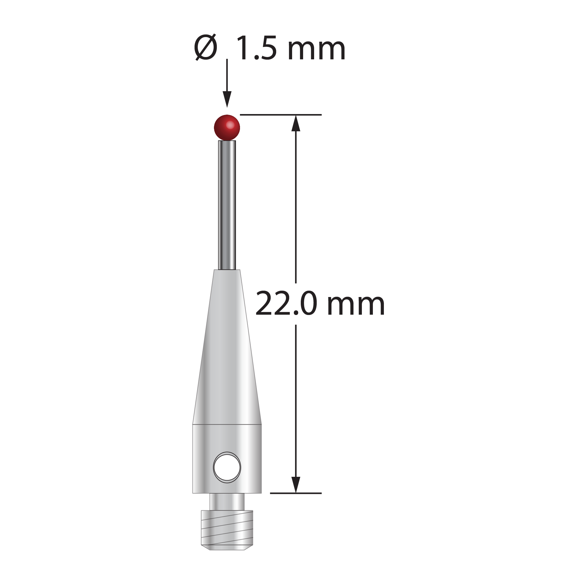 M3 stylus with 1.5 mm diameter zirconia ball, 1.0 mm diameter carbide stem, and 4.0 mm diameter x 13.0 mm long stainless steel base. Overall stylus length is 22.0 mm. Stylus weight is 0.57 gram. Compare to Zeiss 602030-8119-000 and Mitutoyo K651118.