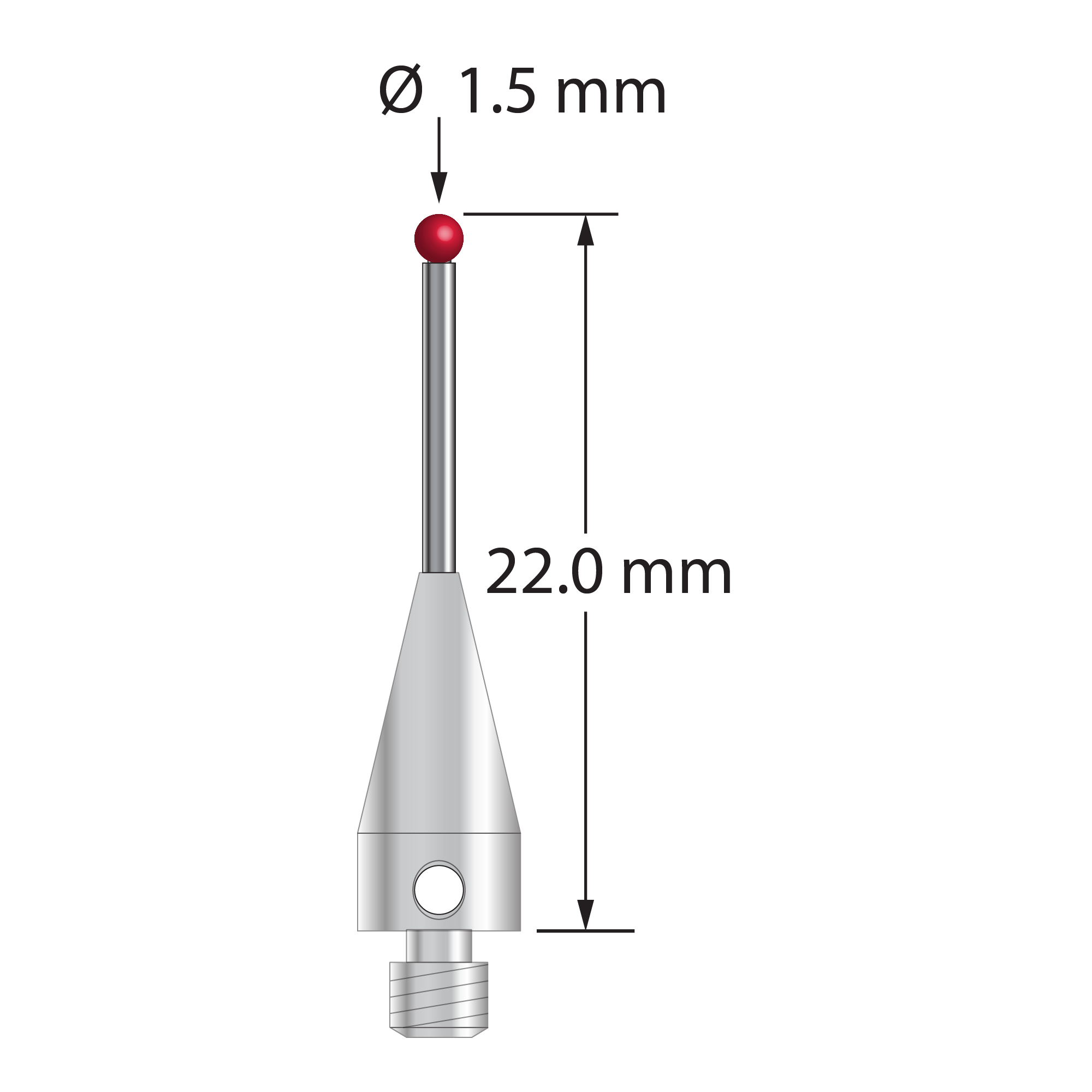 M3 XXT stylus with 1.5 mm diameter ruby ball, 1.0 mm diameter carbide stem, and 5.0 mm diameter x 11.0 mm long titanium base. Overall stylus length is 22.0 mm. Stylus weight is 0.66 gram. Compare to Zeiss 626103-0144-022.