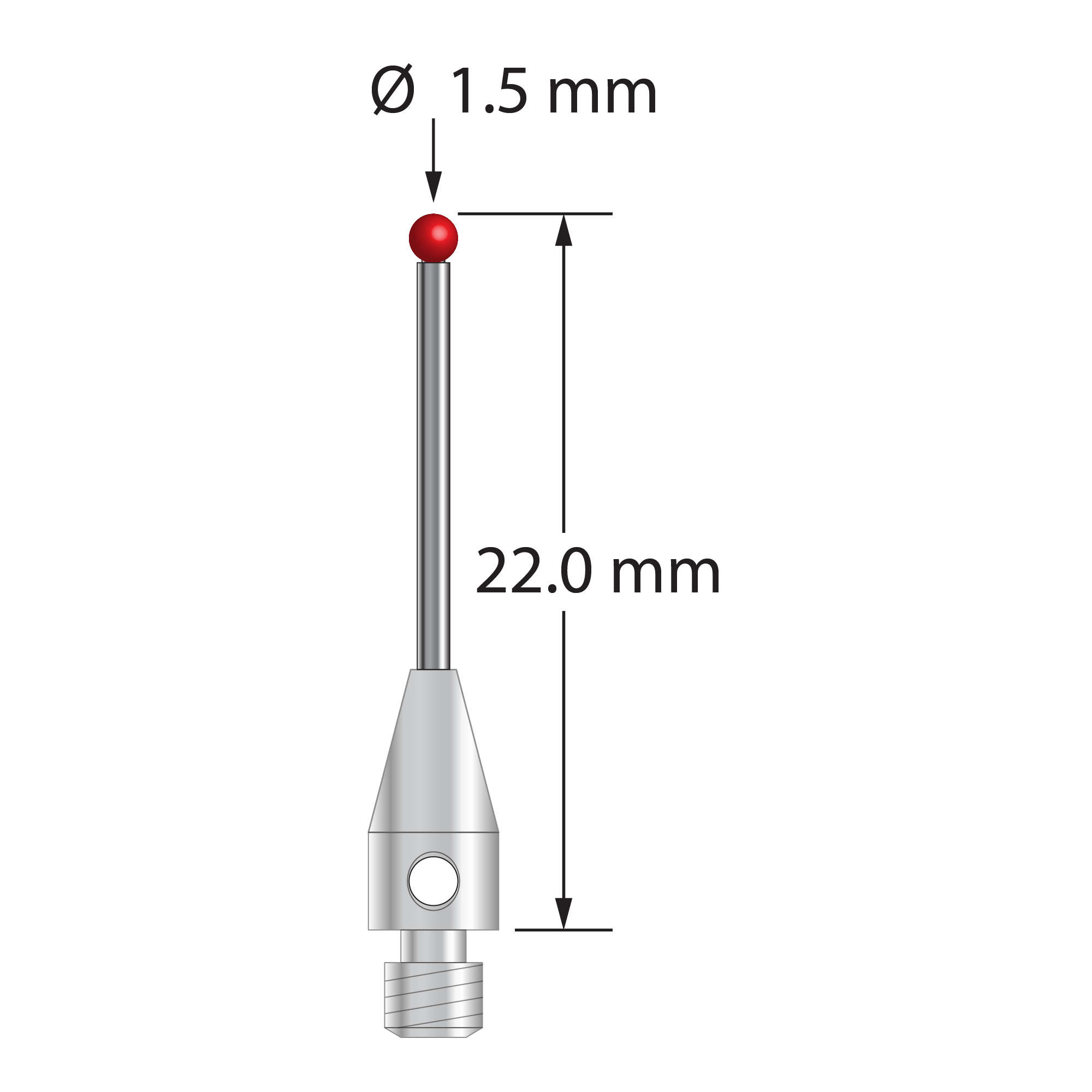 M3 stylus with 1.5 mm diameter ruby ball, 1.0 mm diameter carbide stem, and 4.0 mm diameter x 8.0 mm long stainless steel base. &nbsp;Overall stylus length is 22.0 mm. &nbsp;Stylus weight is 0.57 gram.