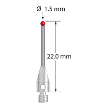M3 stylus with 1.5 mm diameter ruby ball, 1.0 mm diameter carbide stem, and 4.0 mm diameter x 8.0 mm long stainless steel base. &nbsp;Overall stylus length is 22.0 mm. &nbsp;Stylus weight is 0.57 gram.