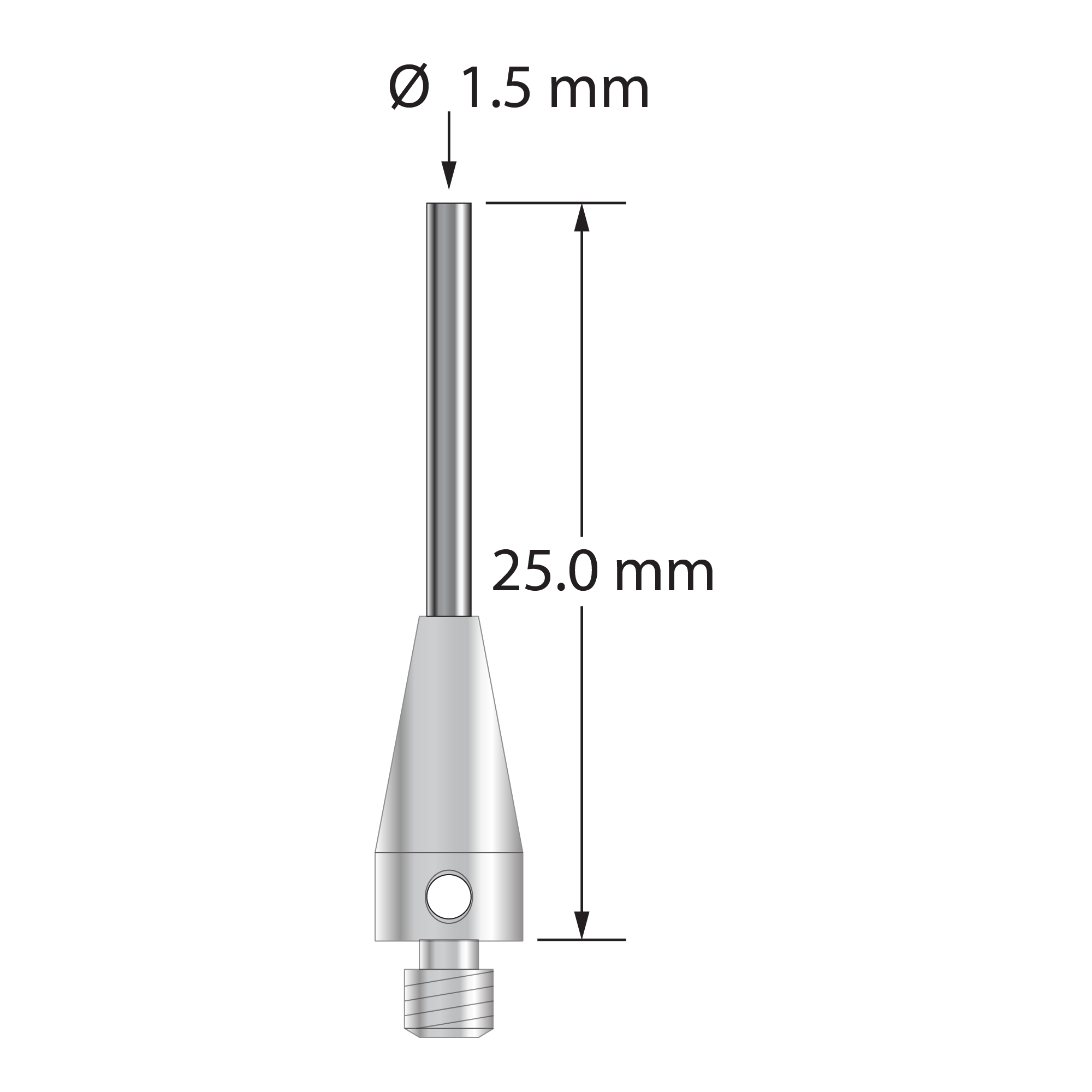 M3 XXT stylus with 1.5 mm diameter carbide cylinder and 5.0 mm diameter x 11.0 mm long titanium base. Overall stylus length is 25.0 mm. Stylus weight is 0.98 gram. Compare to Zeiss 626113-5000-225.
