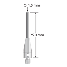 M3 XXT stylus with 1.5 mm diameter carbide cylinder and 5.0 mm diameter x 11.0 mm long titanium base. Overall stylus length is 25.0 mm. Stylus weight is 0.98 gram. Compare to Zeiss 626113-5000-225.