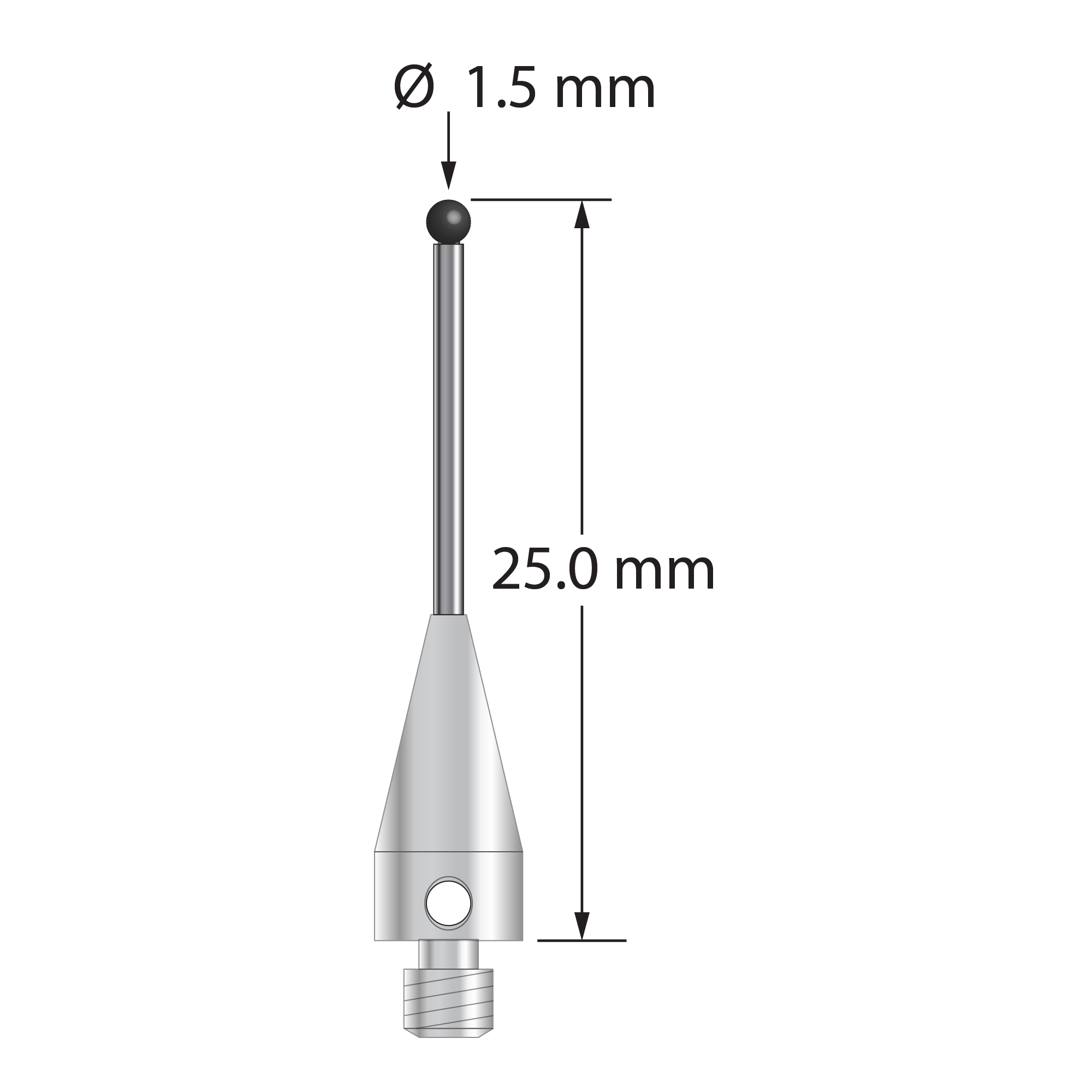 M3 XXT stylus with 1.5 mm diameter silicon nitride ball, 1.0 mm diameter carbide stem, and 5.0 mm diameter x 11.0 mm long titanium base. Overall stylus length is 25.0 mm. Stylus weight is 0.69 gram. Compare to Zeiss 626103-0145-025.